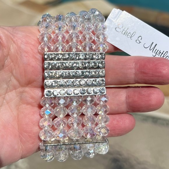 Bracelet Rhinestone Crystal Jeweled Sparkle Stretch Statement Silvertone NWT - Picture 4 of 4